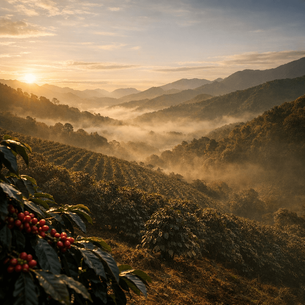 Paisaje andino de cafetales en la finca Nukua