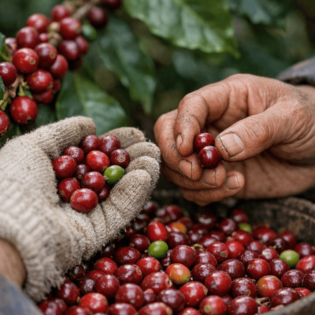 Manos de caficultor recolectando cerezas de café maduras