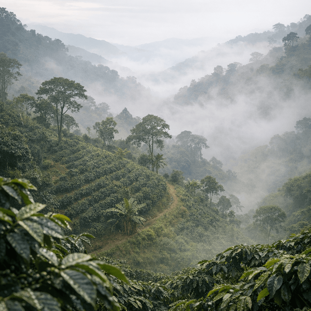 Montañas y cafetales de la finca Nukua al amanecer