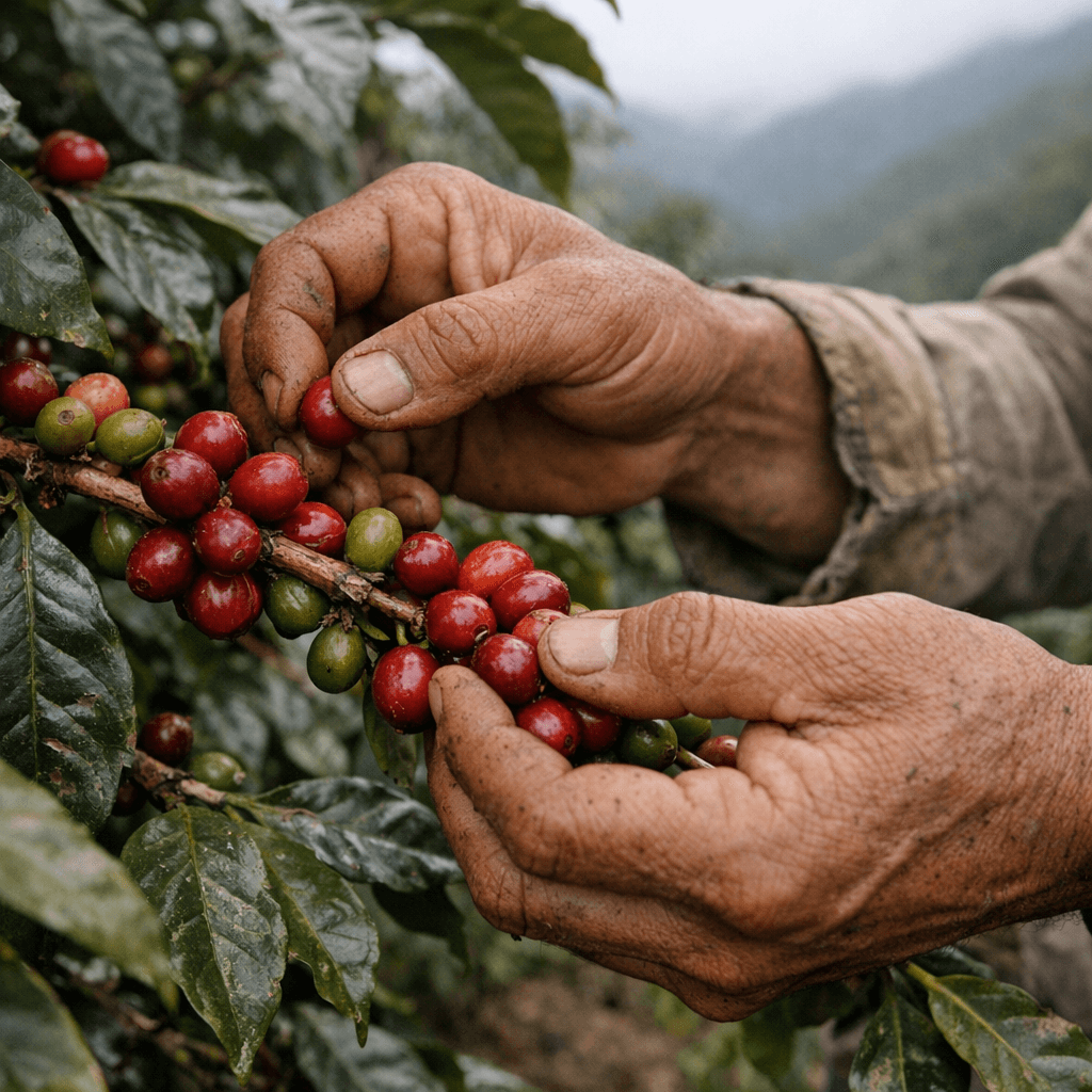 Manos de caficultor recolectando cerezas maduras