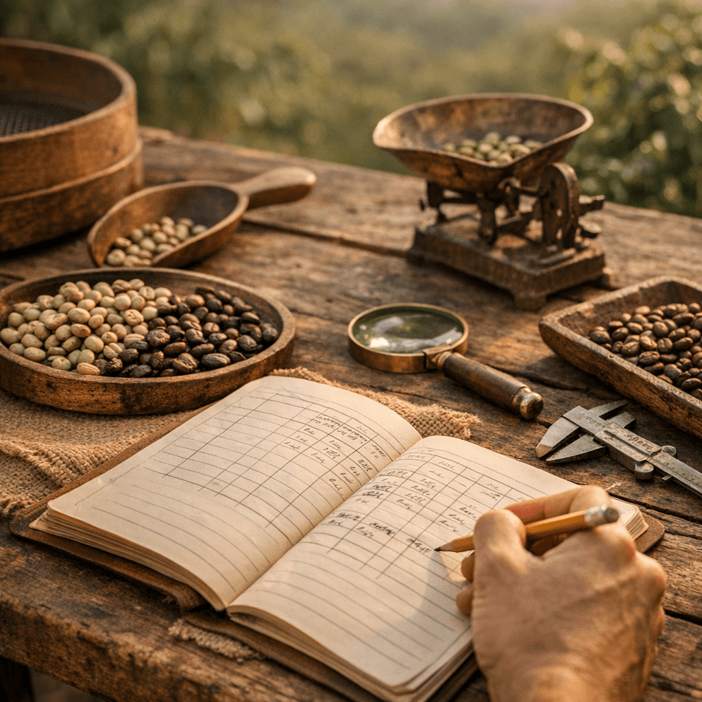 Mesa de finca con control de lote y café recién preparado