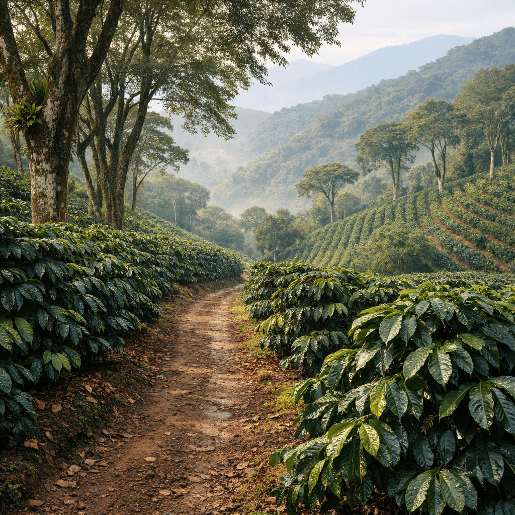 Ladera cafetera con neblina en la finca de origen